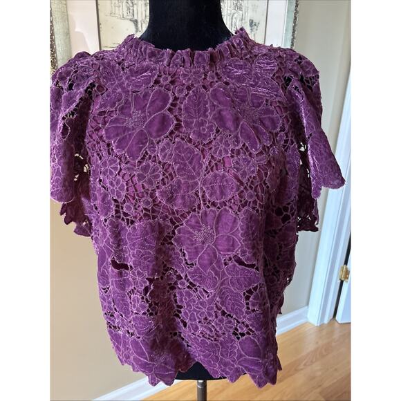 By Anthropologie Velvet Wine Cut Out Blouse flutter sleeve sz M New Lined ruffle - Picture 1 of 13